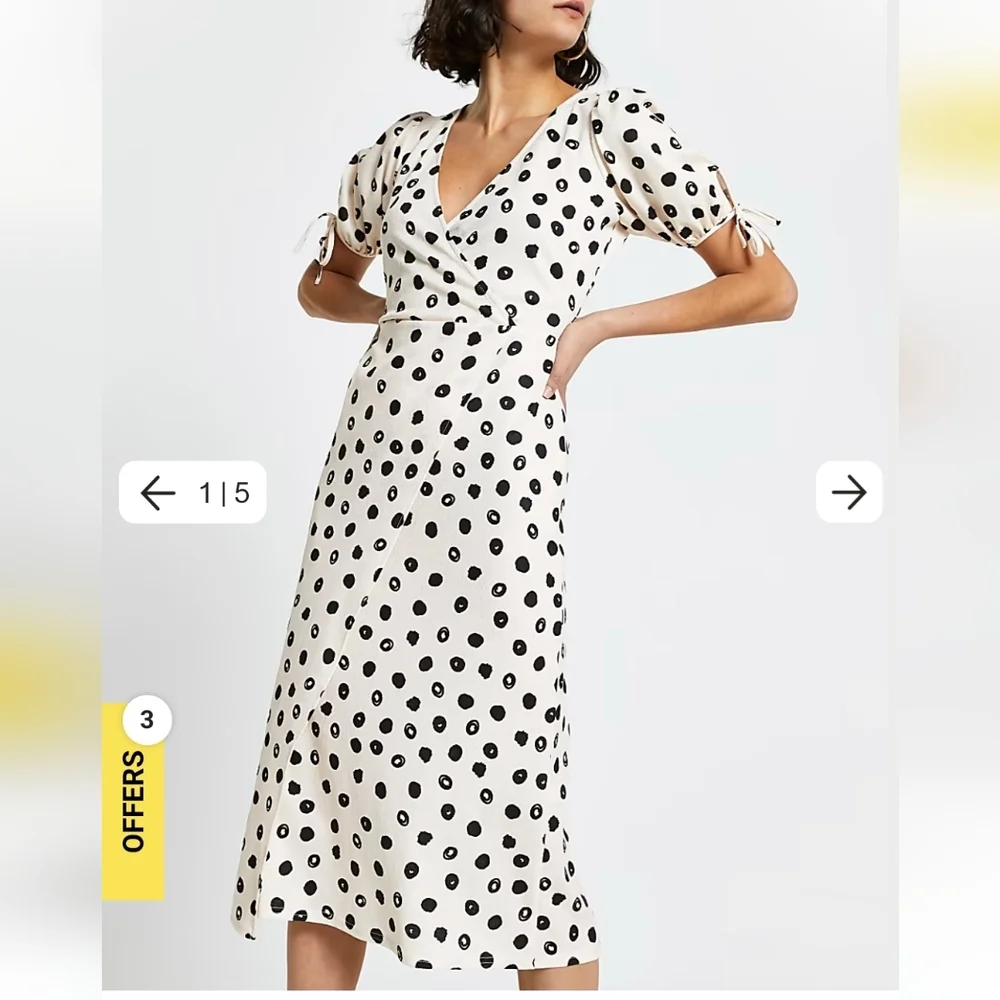 River Island CREAM ASYMMETRIC WRAP MIDI SPOT PRINT DRESS - Picture 1 of 7